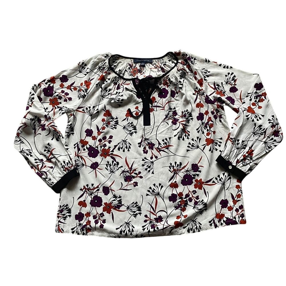 Womens White Floral Long Sleeve Blouse Size XL Flowy Boho Oversized Preppy